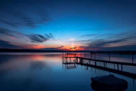 blue hour. Stunning long exposure sunset on the lake. 