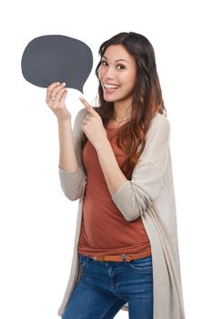 Shes happy to share her thoughts. Portrait of a confident young woman posing with a speech bubble in studio.