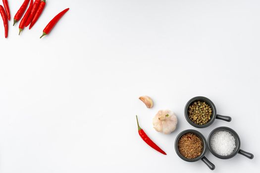 Set of spices in bowls with chili peppers on white background
