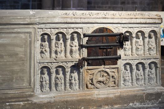 SAINT JUNIEN, FRANCE - DECEMBER 26, 2019 : Stone tomb or marble sarcophagus of Saint Junien in a church