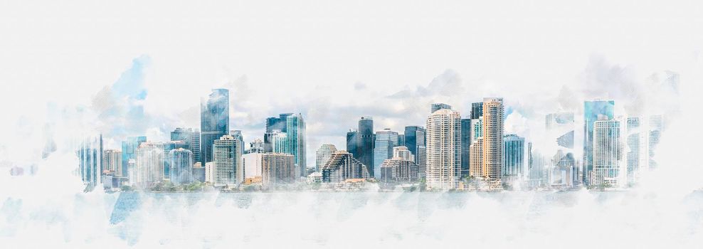 Watercolor digital illustration of Miami Downtown skyline isolated on white background
