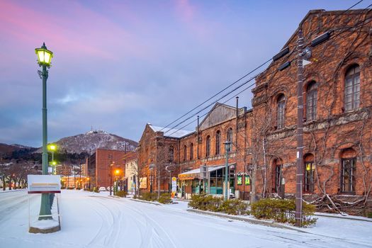 Cityscape of the historic red brick warehouses  at twilight in Hakodate Hokkaido Japan in winter
