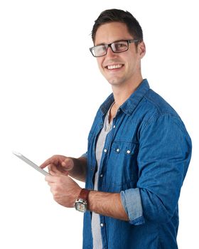 All the info I need at a touch. Studio portrait of a handsome young man holding a digital tablet isolated on white.