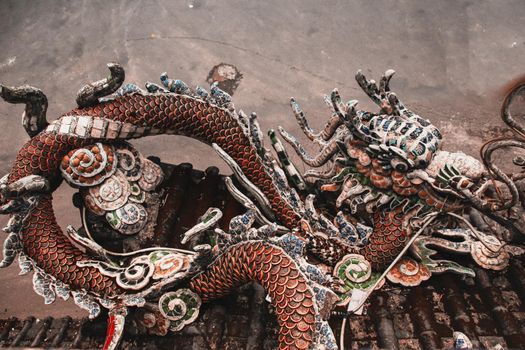 Mosaic dragon sculpture in the famous Linh Phuoc Pagoda in Da lat, Vietnam