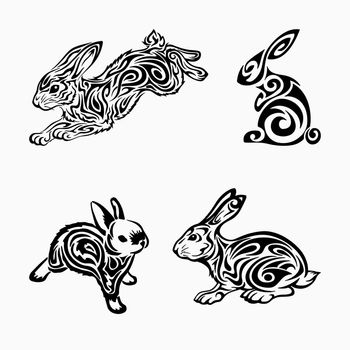 Rabbit Set, Isolated On White Background. Siluette of rabbits. Vector