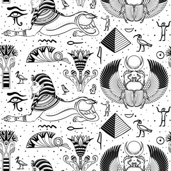 Ancient Egypt. Vintage black and white seamless pattern with Egyptian gods and symbols. Retro hand drawn vector repeating illustration.