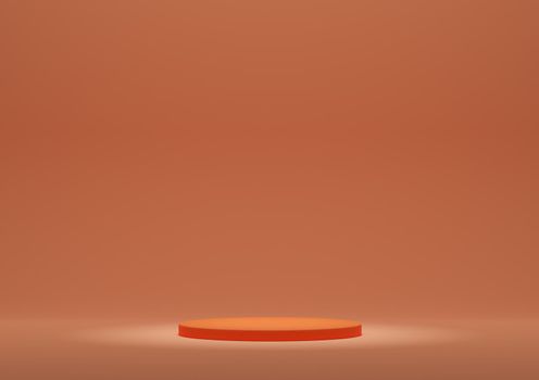 Product Display Stand or Podium in Minimal Composition with Spotlight Lighting from The Top. 3D Rendering Orange Background with Cylinder Platform.