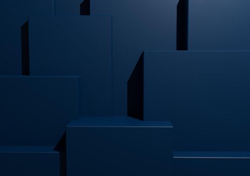 Minimal Dark Navy Blue Background 3D Studio Mockup Scene with Podiums and Levels for Product Display and Presentation. Geometric Horizontal Architectural Wallpaper.