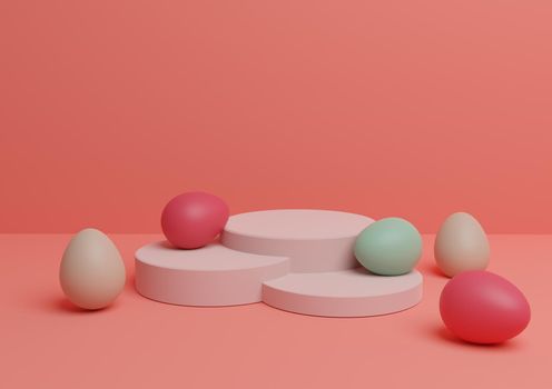 Bright, neon, salmon pink 3D rendering of Easter themed product display podium or stand composition with colorful eggs minimal, simple for multiple products
