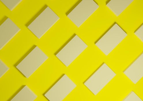 Bright, neon yellow, 3D render minimal, simple, modern top view flat lay product display from above background with repetitive square stands in a pattern