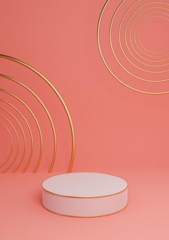 Bright, neon, salmon pink 3D rendering minimal product display luxury cylinder podium or product background abstract composition with golden lines and circles