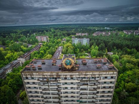 Pripyat, Ukraine - August 19, 2017: View to the central square of abandoned town Pripyat.