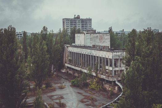 Pripyat, Ukraine - August 19, 2017: View to the central square of abandoned town Pripyat.