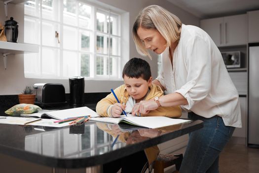 If you break it down its easier. Shot of a beautiful mother helping her son with his homework.