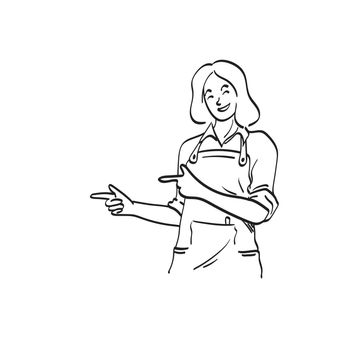 half length of female barista with apron pointing on blank space illustration vector hand drawn isolated on white background line art.