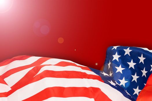 Fragment of american flag on empty red concrete background. Independence day backdrop