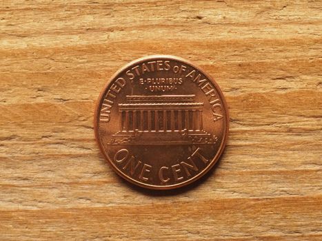 1 cent coin, reverse side showing Lincoln memorial, currency of the USA