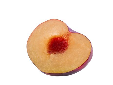 Half of smooth-skinned, purple plum fruit without kernel isolated on white background with copy space for text or images. Side view. Close-up.