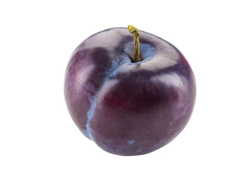 Smooth-skinned, mellow, purple plum fruit isolated on white background with copy space for text or images. Side view. Close-up shot.