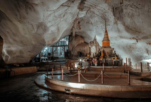 The buddha statues or The buddha image inside Wat Tham Phra Phothisat or Bodhisattva Cave Temple and it is the old and limestone cave temples at Kaeng Khoi District, Saraburi Province, Thailand, Selective focus.