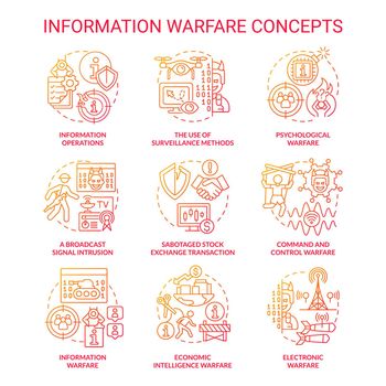 Information warfare red gradient concept icons set