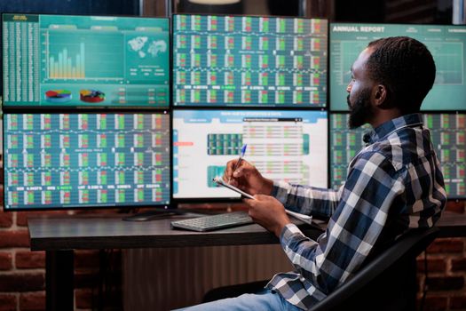 Investment company analyst taking notes regarding real time financial data showed on screens. Hedge fund agency trader analyzing buy and sell price ranges while having market documentation clipboard.