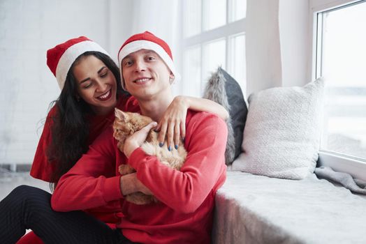 Sitting near the windowsill. Portrait of couple with little kitty celebrates holidays in new year clothes