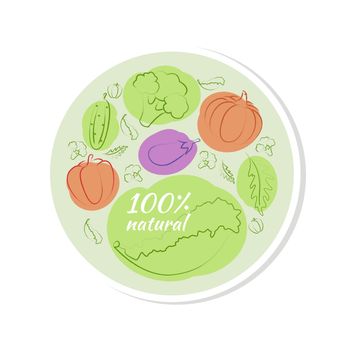 Bubble sticker label tag with doodle vegetables set. 100 natural product, 100 organic, healthy food. Organic food icons in vector.
