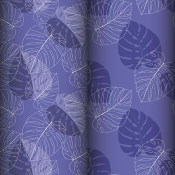 Monstera pattern set, doodle leaves, white color and Very Peri trend color 2022.
