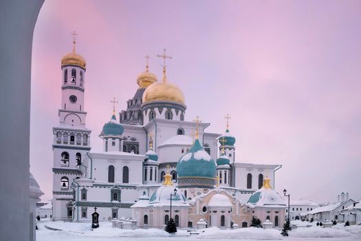 ISTRA, RUSSIA - January 16, 2022, The Resurrection Cathedral of New Jerusalem Monastery was built according to the prototype - the Church of the Holy Sepulcher in Jerusalem. Snowfall
