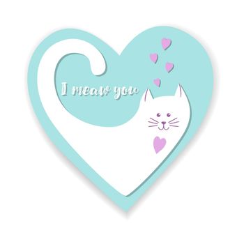 Cat and heart I meow you postcard, sticker, Valentines day, love, wedding, congratulations. Isolated, with shadow, white background.