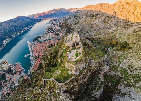 Kotor Old Town Ladder of Kotor Fortress Hiking Trail. Aerial drone view