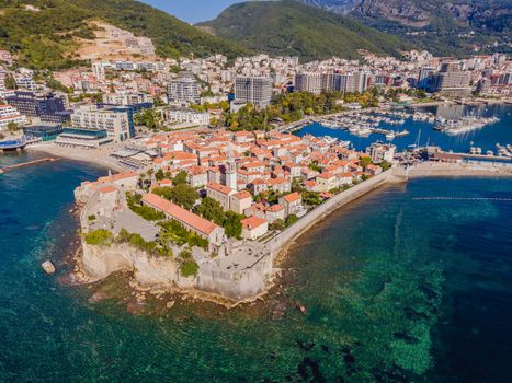 Old town in Budva in a beautiful summer day, Montenegro. Aerial image. Top view