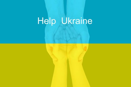 Pray for Ukraine. hand in prayer and the Ukrainian flag in the background.