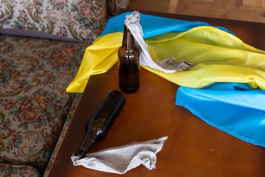 Ukraine flag colors yellow-blue with a molotov cocktail. Stop war between Russia and Ukraine. power of Ukraine