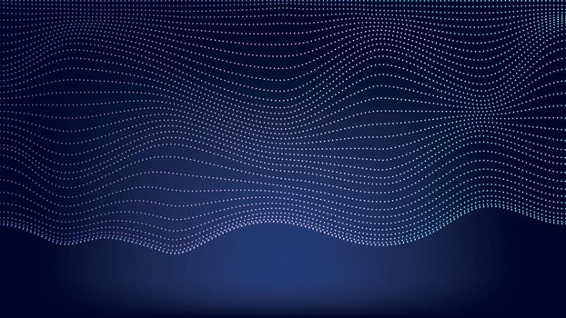 Wavy smooth wallpaper with gradient curves from atoms in the dark. 3d space from dotted lines