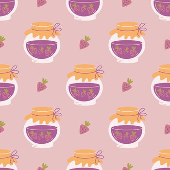 Strawberry jam in glass jar on pink background, vector seamless pattern