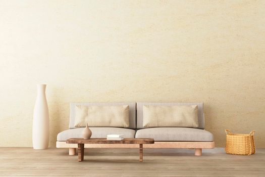 Warm neutral style interior mockup with low sofa, ceramic jug, side table on empty concrete wall background. 3d rendering.