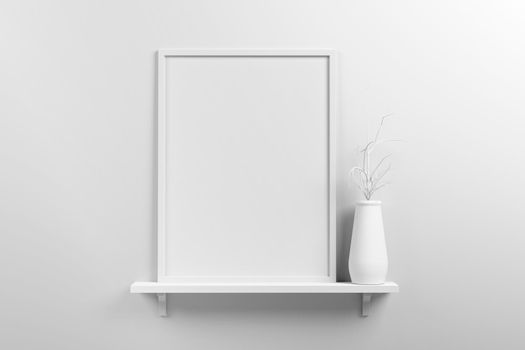 Small vertical wooden frame mockup in scandinavian style interior and dried plant on white jug on a shelf on empty neutral white wall background. 3d illustration