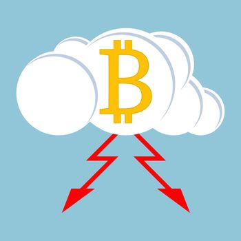 Bitcoin symbol with lightning on a thundercloud on blue sky background. Vector illustration.