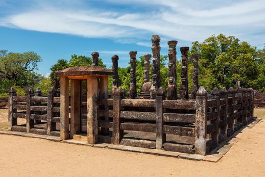 Ruins in Quadrangle group in ancient city Pollonaruwa - famous tourist destination and archaelogical site, Sri Lanka