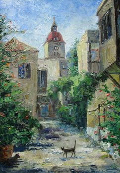 Rhodes church and cats in June, oil painting
