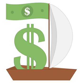 Dollar sign in a boat with sails and paper dollar on the mast in the form of a flag or banner. Vector illustration.