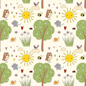 Seamless pattern of cute woodland animals and birds with autumn floral elements EPS