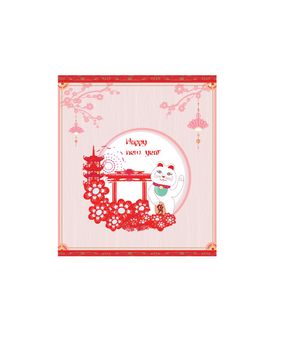 Mid-Autumn Festival for Chinese New Year- card with Maneki Neko Cat wishing Good Luck