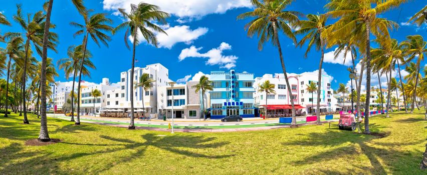 Miami South Beach Ocean Drive colorful Art Deco street architecture panoramic view