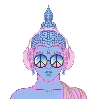 Peace and Love. Colorful Buddha in rainbow glasses listening to the music in headphones. Vector illustration. Hippie peace sign on sunglasses. Psychedelic concept. Buddhism, trance music.