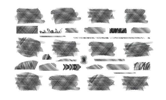 Pencil hatching in vector. Black and white hatching of geometric shapes and lines. Collection of simple decorative pencil shapes