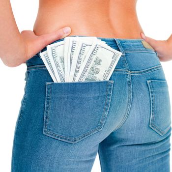 Shes keeping her investments close to the cheek. Cropped rearview shot of a womans back pocket with money in it.