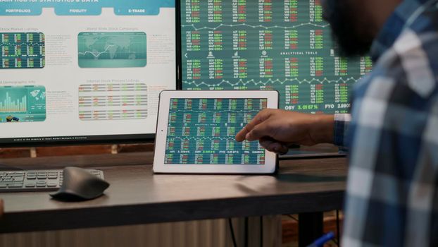 Financial investors working with stock market sales on digital tablet and multi monitors workstation. Teamwork to plan forex exchange sales growth strategy, using hedge fund profit. Close up